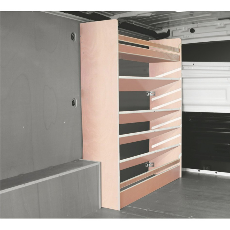Casier étagères inclinées bois sans bacs av Gauche Volkswagen Transporter T6 L2 à partir de Juin 2015 (L:128 x P:35 x H:125)
